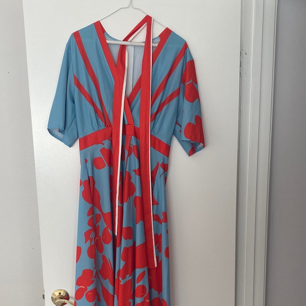 Red & Blue Floral V-Neck Midi Dress